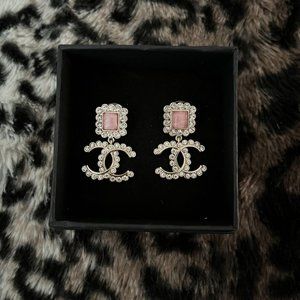 Chanel Rhinestone/Pink Gemstone Dangle CC Earrings